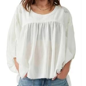 Free People White Sunday Tunic Top Oversized Crochet Balloon Sleeve XS EUC $128
